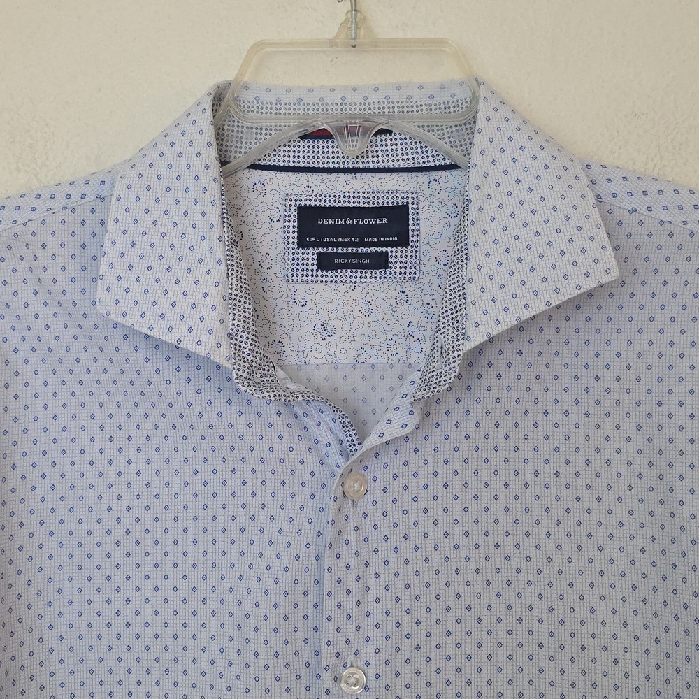 Denim & Flower Blue & White Print Long Sleeve Button Shirt By Ricky Singh Mens L